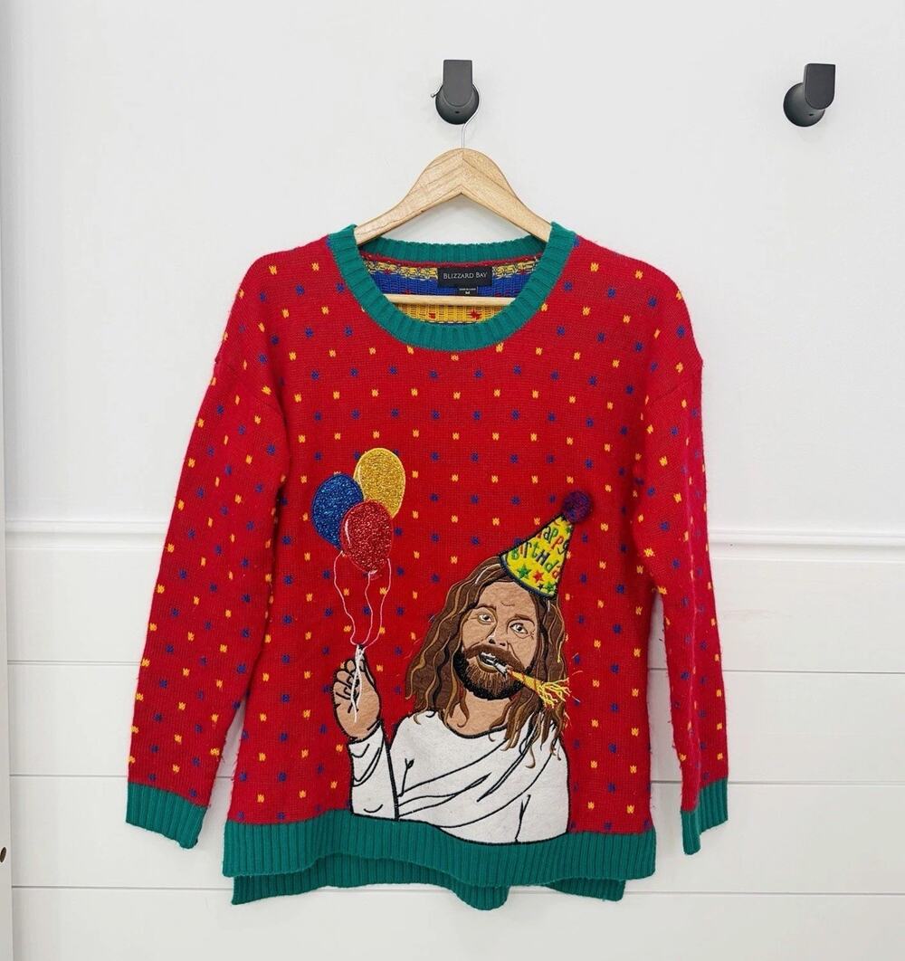 Women’s Blizzard Bay Ugly Christmas Holiday Sweater Happy Birthday Jesus Size M
